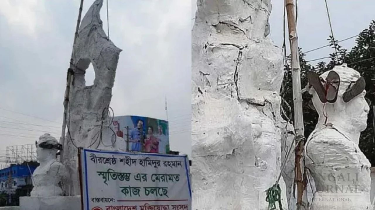 Shoe garland hung on Bir Sreshtha Hamidur Rahman sculpture in Jhenaidah